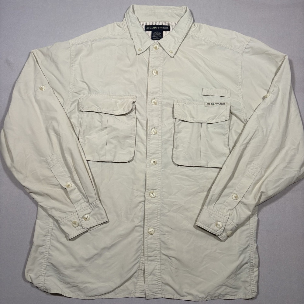 ExOfficio Utility Shirt Mens Medium Beige Long Sleeve Vented Fishing Gorpcore